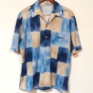 VTG. ALAN STUART  BLUE BEIGE BLOCK DESIGN POLYESTER TYPE L SHIRT